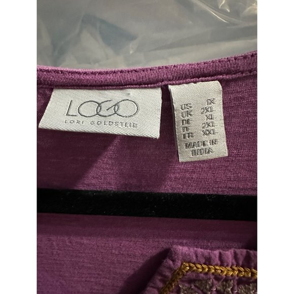 LOGO by Lori Goldstein size 1X purple cotton embroidered bodice 3/4 sleeve top - Picture 4 of 8